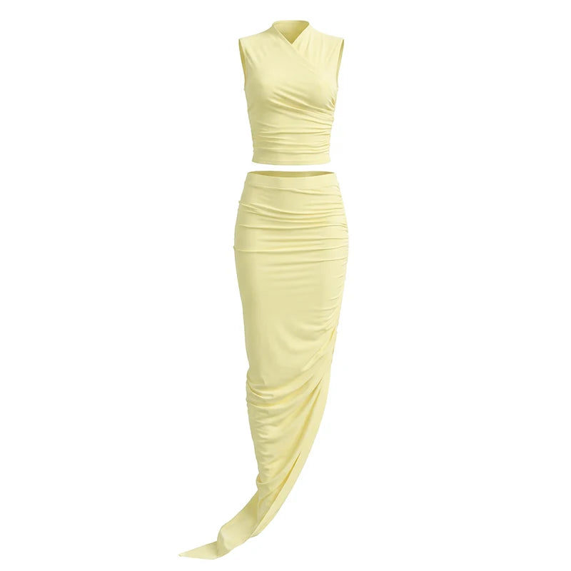 Mesh Patchwork 2 Piece Set Woman Folds V-Neck Sleeveless Shape Waist Tops+Irregular Hem Long Skirts Sexy Fashion Suit