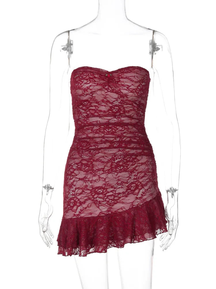 Lace Off-shoulder Backless Sexy Mini Dress For Women Fashion Strapless Sleeveless Ruffled Bodycon Club Dress Elegant