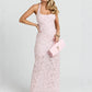 Women Halter Maxi Dress 3D Floral Sequin Mesh Mermaid Bodycon Long Dress Elegant Wedding Guest Bridesmaid Evening Gown