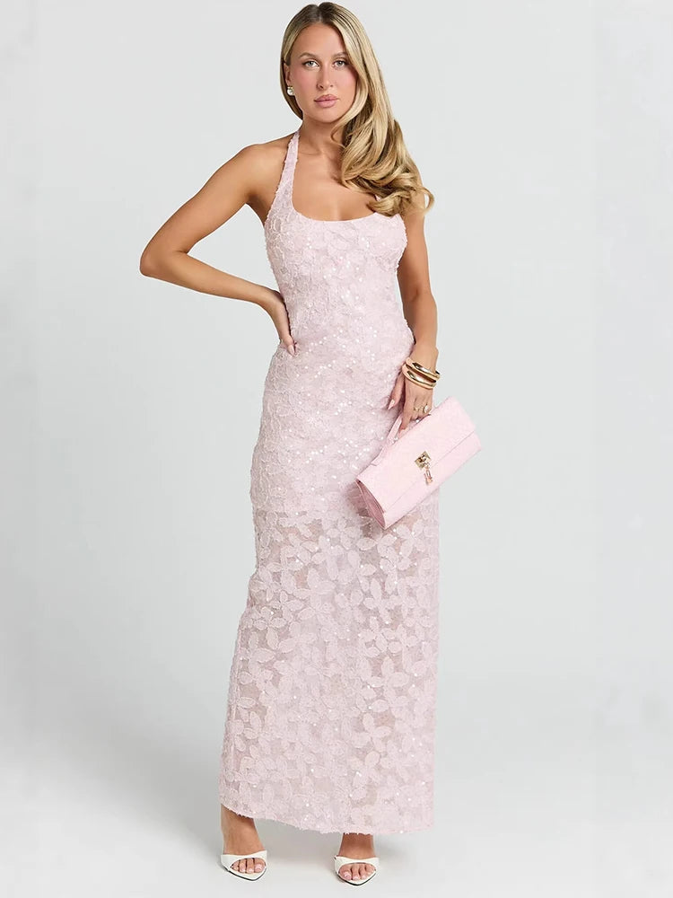 Women Halter Maxi Dress 3D Floral Sequin Mesh Mermaid Bodycon Long Dress Elegant Wedding Guest Bridesmaid Evening Gown