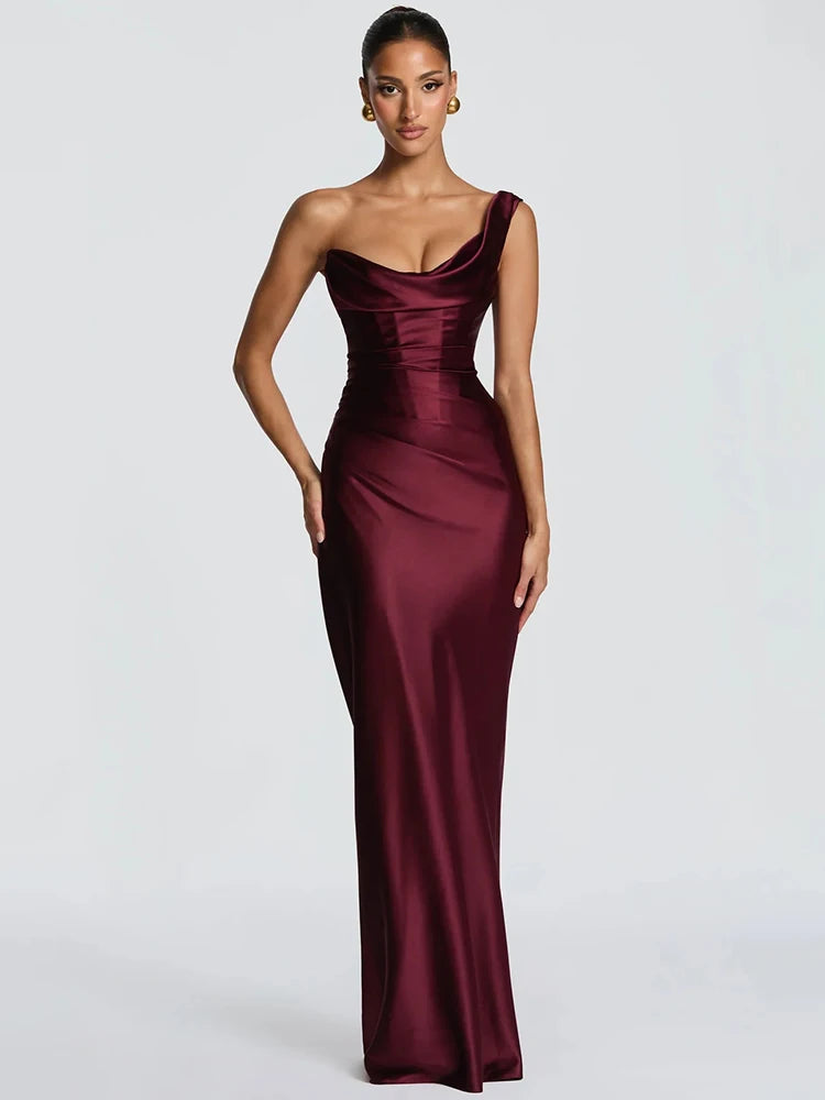 Elegant Satin One Shoulder Evening Dress Women Cowl Neck Sleeveless Bodycon Maxi Dress 2026 Spring Summer Party Gowns