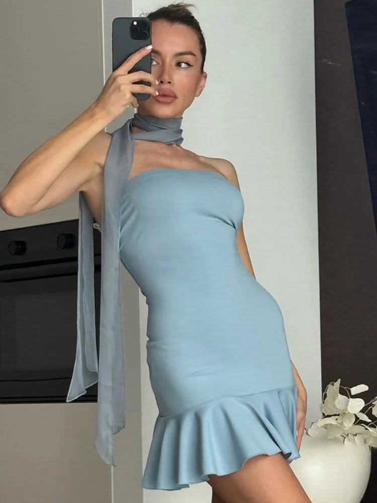 Mesh Scarf Strapless Mini Dresses for Summer Red Sexy Party Outfits Woman Ruffled Dresses