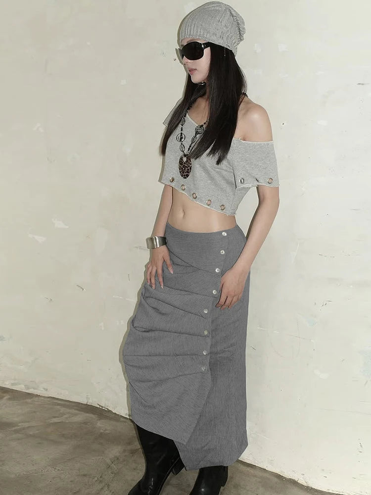 Sexy Ruched Bottom Women Button Zip Mid-Calf Skinny Peach Hip Simple Elegant Wild Collegiate Style Commute Streetwear