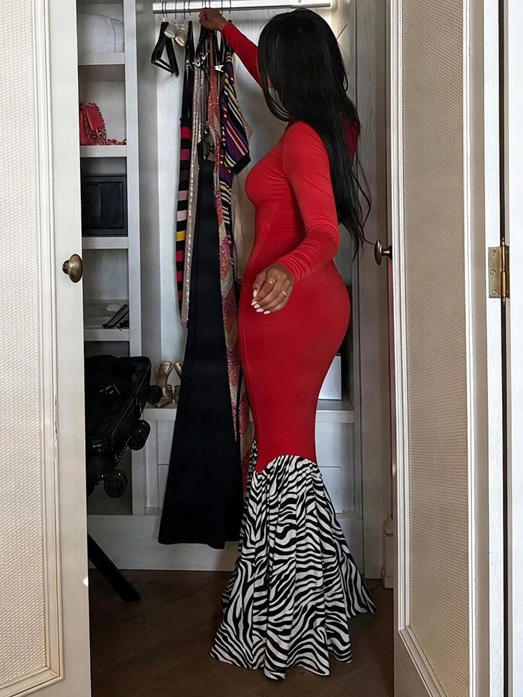 Leopard Patchwork Long Dress Woman Autumn Trend o-Neck Full Sleeve High Waist Skinny Peach Hip Elegant Style Vestidos