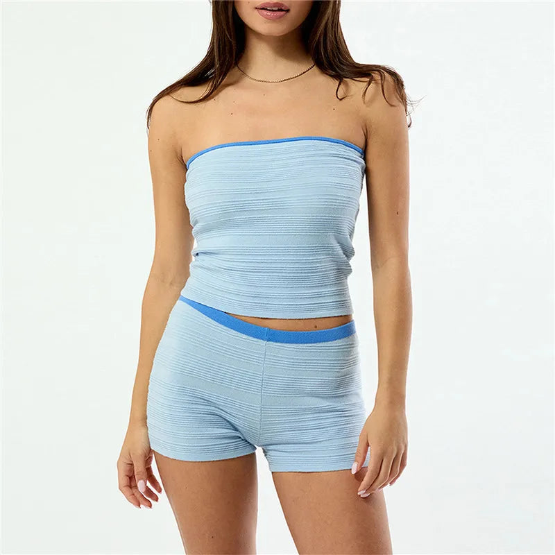 Vintage Stripe 2 Piece Outfit Women Contrast Edge Strapless Tube Top Slim Fit Hot Shorts Casual Summer Y2K Streetwear