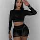 Wild See Through 2 Piece Set Women Sexy Turtleneck Full Sleeve Crop T-Shirt+Bike Shorts Midnight Street Club Suits
