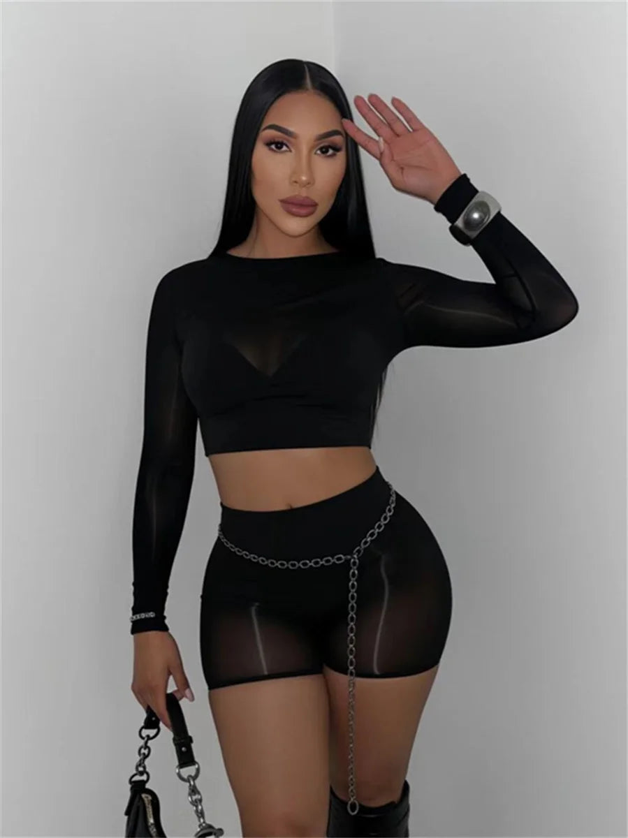 Wild See Through 2 Piece Set Women Sexy Turtleneck Full Sleeve Crop T-Shirt+Bike Shorts Midnight Street Club Suits
