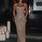 Sequins Backless Sexy Maxi Dress For Women Gown Fashion Sparkle Square Collar Sleeveless Bodycon Club Long Dress