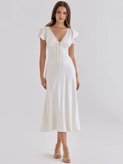 Women Satin Sexy Midi Dress Deep V Neck Lace Trim Ruffle Short Sleeve A Line Dress Wedding Guest Evening Party Dress