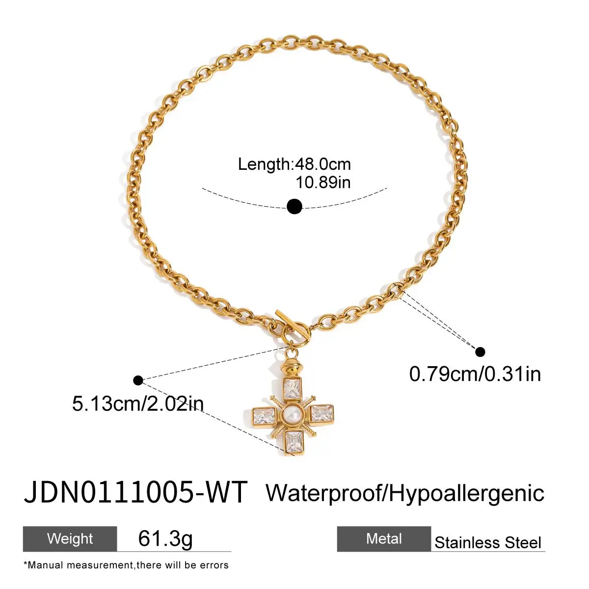 Y2K Patchwork Chain Design Stainless Steel Necklace Paperclip + Glossy Pentagram Cross with Zirconia Pendant Necklace