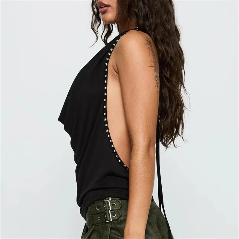 Sexy Women's Studded Trim Decor Lace-up Halter Tank Tops Summer Fashionable Slim Fit Draped Cowl Neck Y2k Backless Vest
