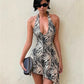 Zebra Print Halter Dress Women Wild Trend Sexy Backless Deep V-Neck Bandages Irregular Hem Sexy Street Party Clubwear