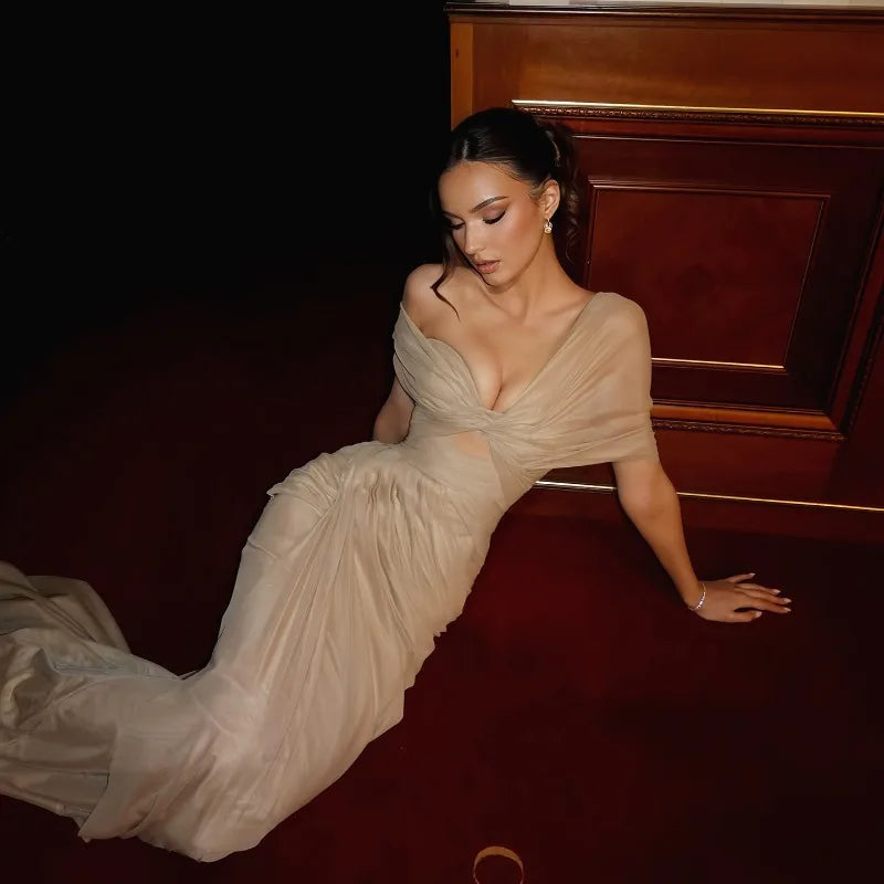 Mesh Sheer One Shoulder Draped Maxi Dress 2026 Woman Summer Elegant Evening Gown Sexy Birthday Dresses