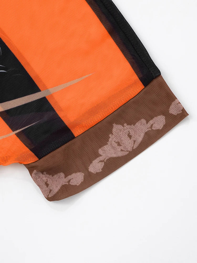 Fashion Patchwork 2 Piece Set Women Mesh See Through Tops+Flame Print Skinny Pants Hot Girls Sexy Hipster Outfits