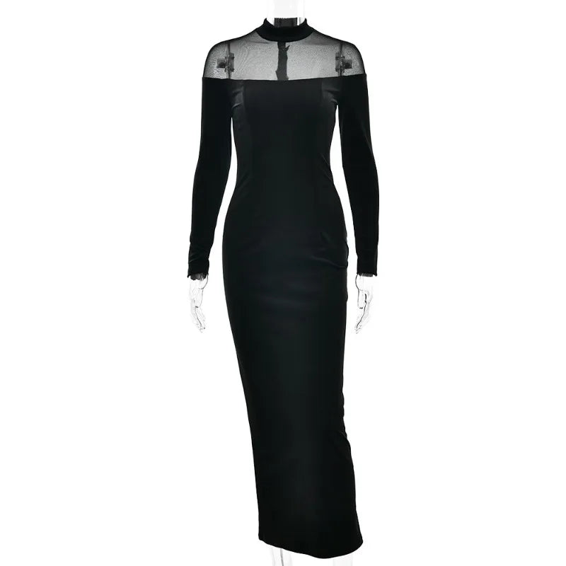 Mesh Velvet Patchwork Black Long Sleeve Maxi Dresses Elegant Woman for Party Evening Dress Autumn Winter