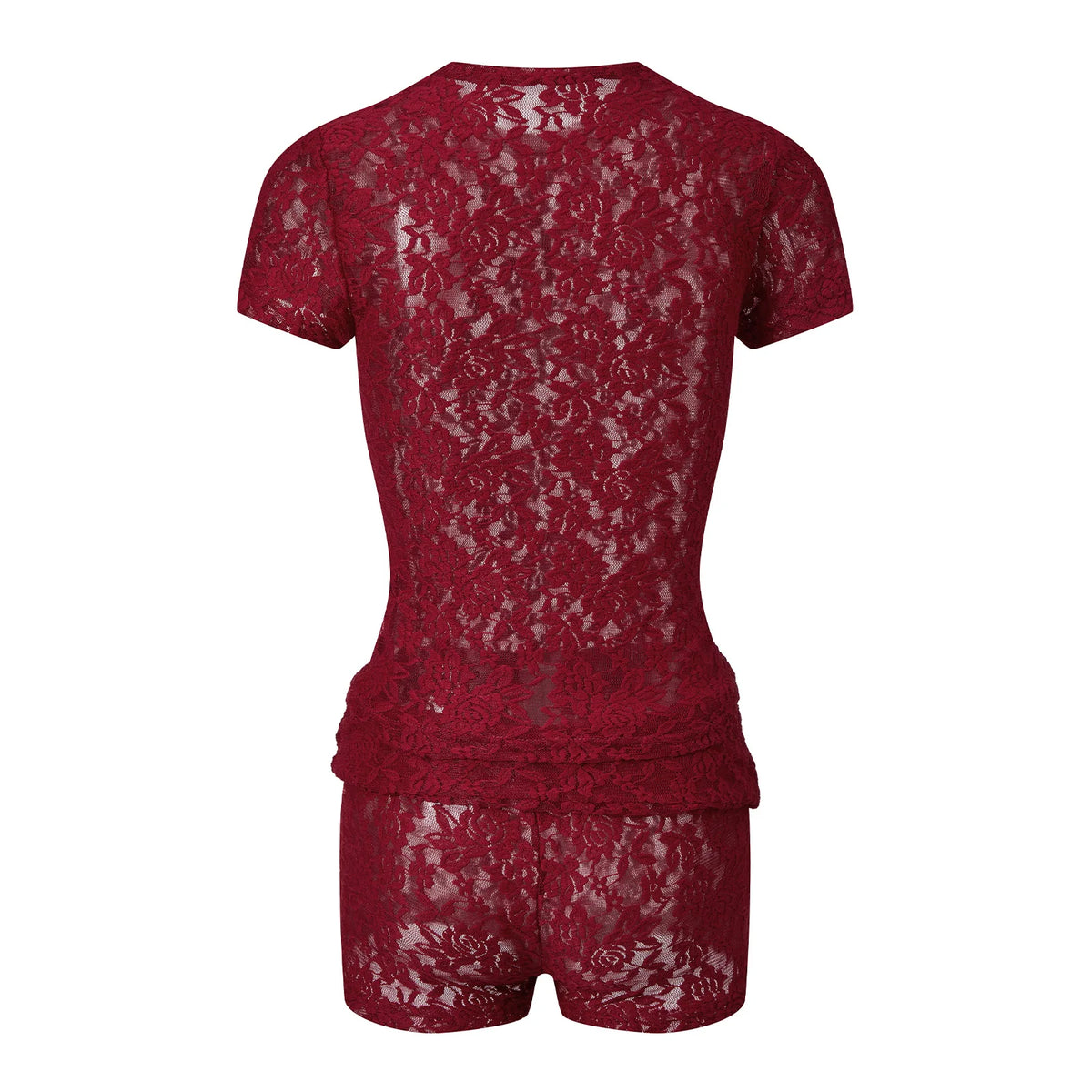 Sexy Sheer Red Floral Lace Two Piece Outfit for Women Short Sleeve Crop Top + Mini Shorts Set Nightclub Party Sleepwear
