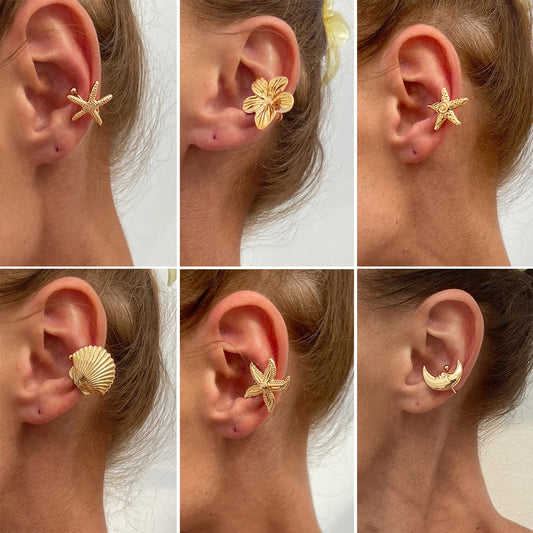 1PC Simple Metal Starfish Flower Ear Cuff for Women Non Piercing Fake Cartilage Moon Scallop Clip Earrings Jewelry Gift