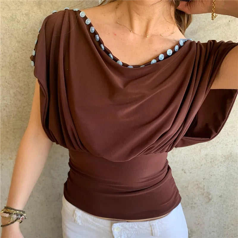 Y2K Vintage Off Shoulder Draped Blouse With Button Trim Slim Fit Ruched Waist For Women Casual Streetwear Party Top