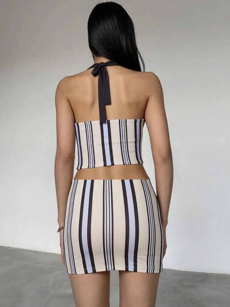 Stripe Print Women 2 Piece Set Summer Backless Low-Neck Halter Tank Tops+Skirts Fashion Vacation Streetwear Outfits