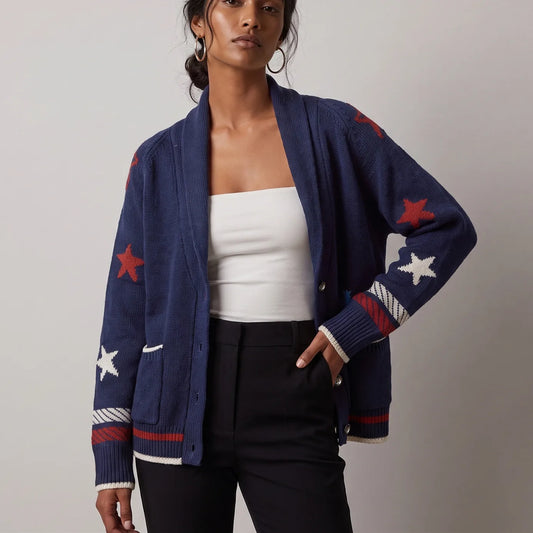 Women Shawl Collar Knit Cardigan Star Sailboat Jacquard Long Sleeve Button Pocket Retro Preppy Fall Sweater Outerwear