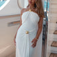 Halter Off-shoulder Backless Sexy Maxi Dress Women Elegant Metal Decoration Draped Ruched Bodycon Club Party Dress
