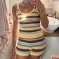 Women's Striped Knit Two-Piece Set Sleeveless Tank Top and Biker Shorts Cozy Fuzzy Loungewear Casual Homewear