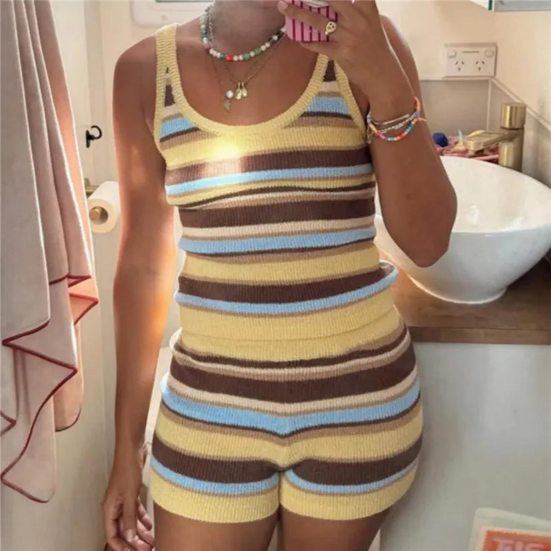 Women's Striped Knit Two-Piece Set Sleeveless Tank Top and Biker Shorts Cozy Fuzzy Loungewear Casual Homewear