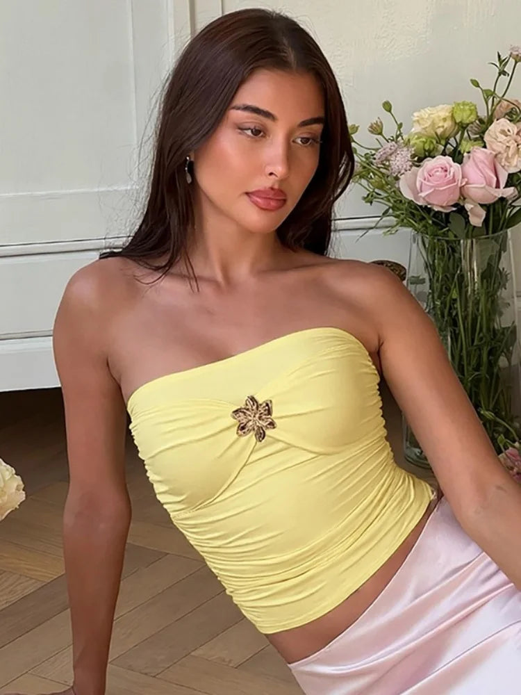 Hardwear Detail Ruched Tube Top Street Fashion Y2k Tanks Sexy Backless Crop Tops for Woman Summer Clothes