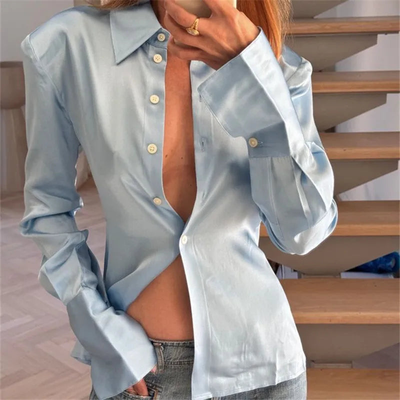 Satin Silk Waist Ruched Fitted Shirt Women Long Sleeve Lapel Collar Button Up Slim Bodycon Blouse Casual Streetwear