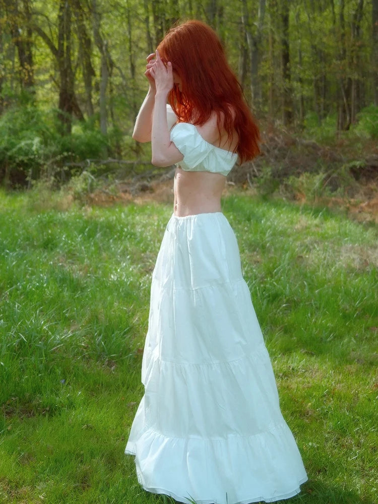 Folds 2Piece Set Women 3D Flowers Elegant Puff Sleeves Slash Neck Crop Tops+Lace-Up Skirts Sweet Matching Summer Suit