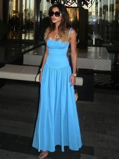 Sleeveless Backless Pleated Maxi Dress Blue Black French Style Elegant Dresses for Woman for Party