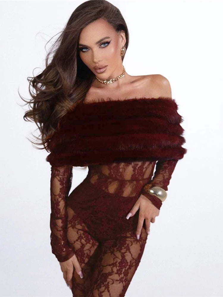 Patchwork Faux Fur Collar Jumpsuits Women See Through Skinny Sexy Midnight Coquett Fashion Street Wild Classic Outfit