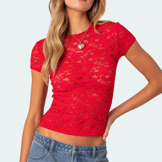 Women Sheer Floral Lace Crop Top Short Sleeve Round Neck Slim Fit See Through Blouse Summer Casual Streetwear Y2K Outfit