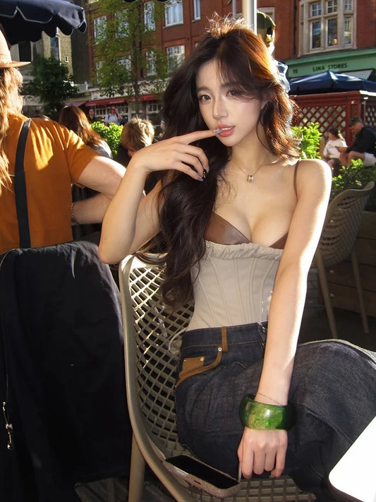 Casual Fashion Camisole Tops Woman Leather Patchwork Low-Neck Backless Skinny Stretch Daily High Street Style Vests