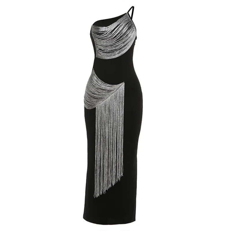 One Shoulder Backless Fringed Long Dresses Black Gowns Elegant Sexy Woman Birthday Dresses