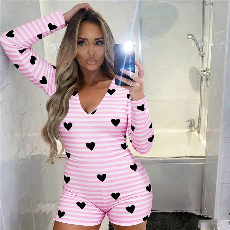Women Romper Overall Slim Fit Love Heart Print V Neck Long Sleeve Playsuits Sexy Bodysuit Pajama for Valentines Day