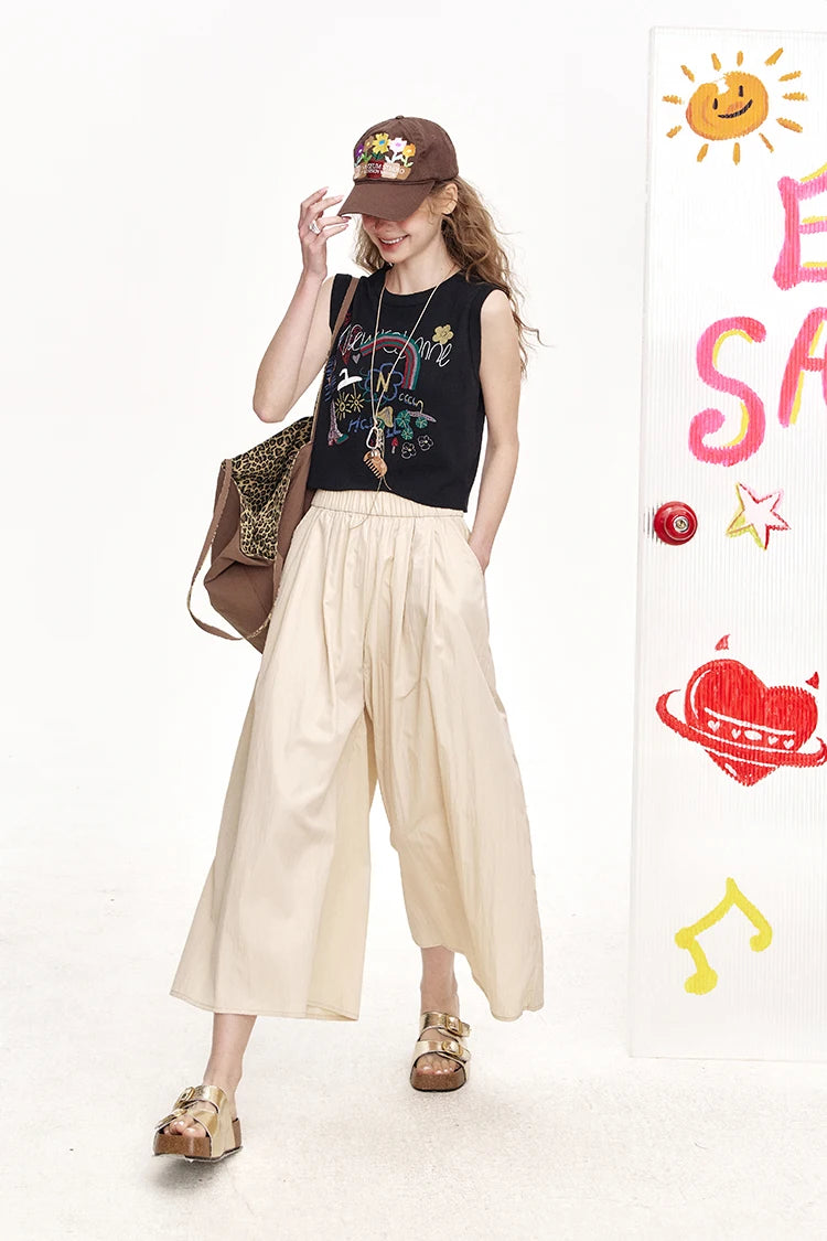 Elastic Waist Pleated Side Pocket Wide Leg Cropped Pants for Women