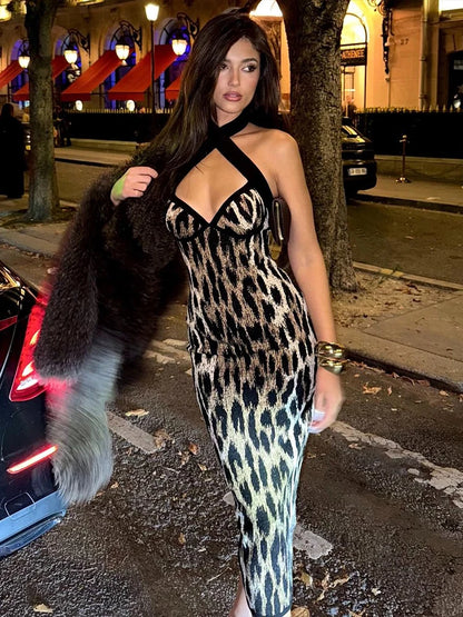 Leopard Print Maxi Dress Women Low-Neck Cross Halter Patchwork Sexy Midnight Hottie Classic Street Prom Party Vestidos