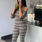 Stripes Print 2 Piece Set Women Trend Slash Neck Half Sleeve Crop T-Shirt+Capri Pants Casuals Chic Street Sport Suits