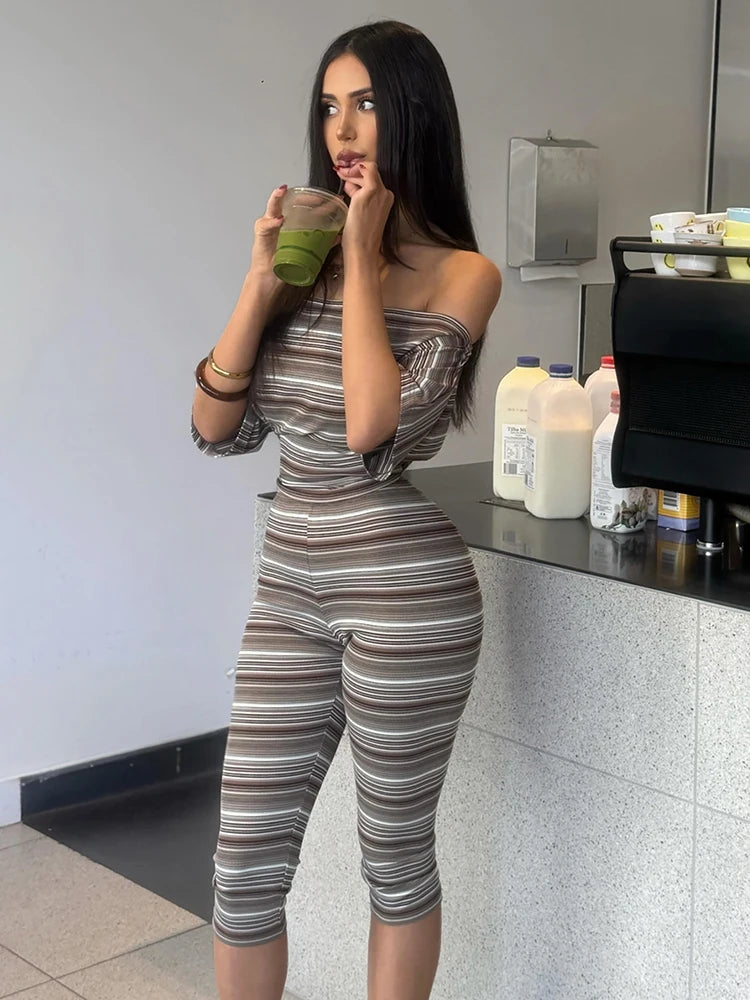 Stripes Print 2 Piece Set Women Trend Slash Neck Half Sleeve Crop T-Shirt+Capri Pants Casuals Chic Street Sport Suits