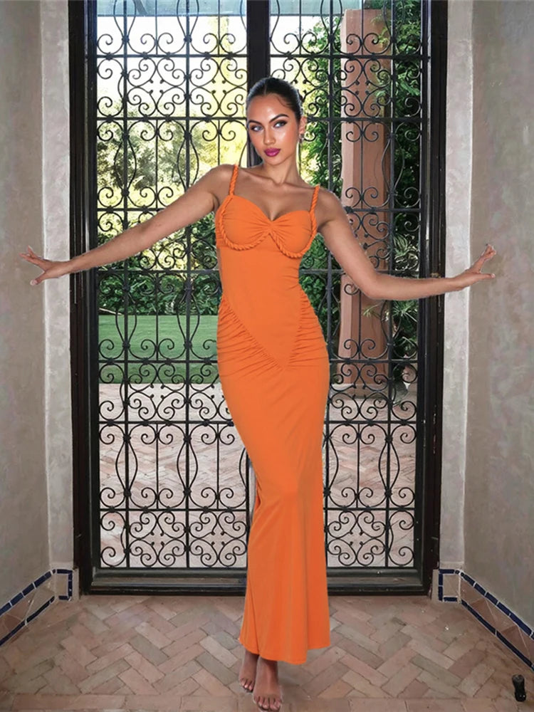 Twist Rope Maxi Dress Women Chic Low-Neck Folds Sleeveless Backless Solid Stretch Skinny Beach Party Fashion Vestidos