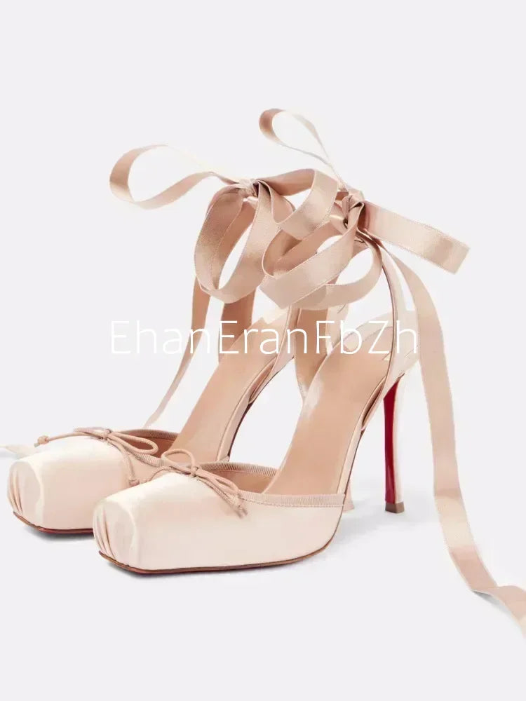 2026 Women's New Summer Square Satin High Heel Sandals with Ankle Strap, Fashionable Party and Banquet Ballet High Heels