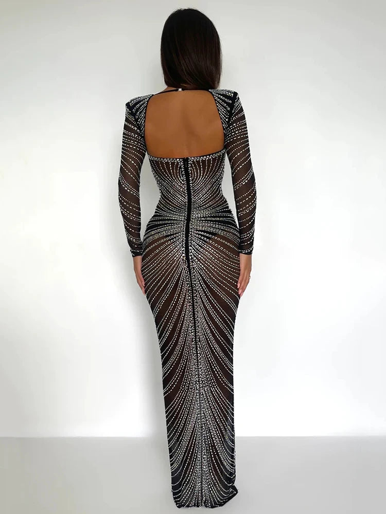 Glitter Mesh See Through Party Maxi Dress For Women Fashion Full Sleeve Bodycon Sexy Club Long Evening Dress Vestido