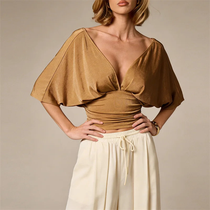 Sexy Deep V-Neck High-Waisted Spliced T-Shirt Women Fashion Solid Waist Shaping Short Sleeves Top Summer Street T-Shirt