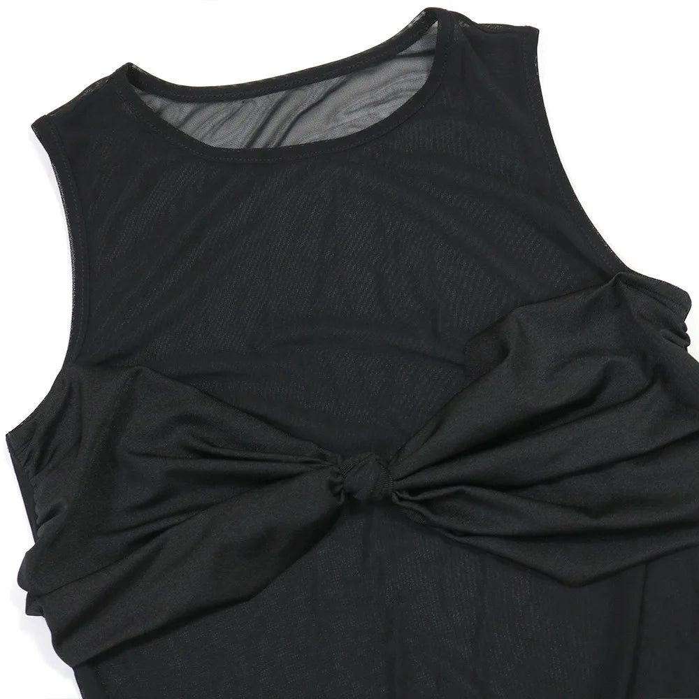 Patchwork Mesh Dress Women Sexy Sleeveless Elegant Knot Butterfly Bra Banquet Party Slim Stretch Activity Vestidos