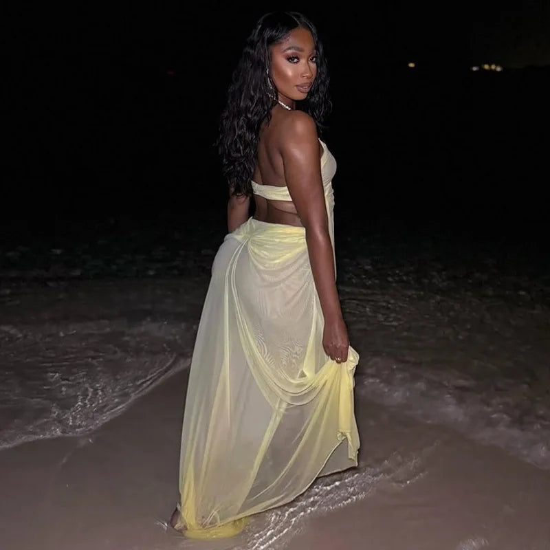 See Through Mesh Halterneck Ruched Maxi Dress Summer 2026 Woman Clothes Sexy Beach Dresses Vacation Outfits