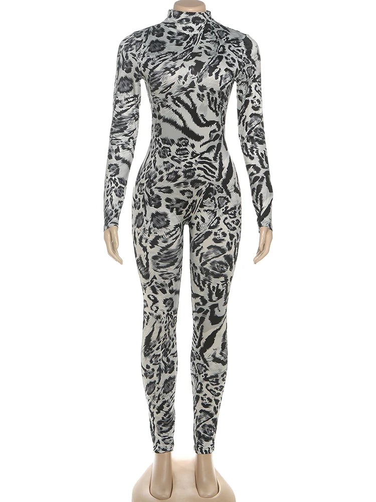 Fitness Jumpsuit Women Sexy Zip Leopard Print Full Sleeve Streetwear Activity Workout Casual Tight Stretch Overalls