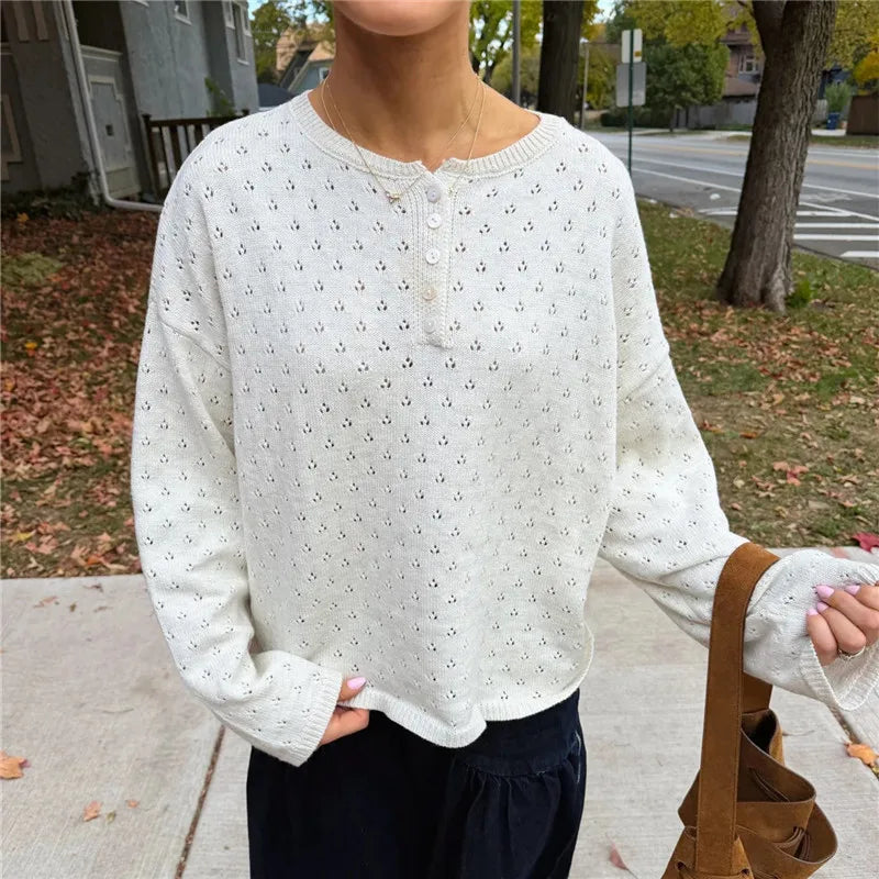 Women Hollow Eyelet Knitted Sweater Henley Button Neck Long Sleeve Loose Cropped Jumper Casual Spring Fall Pullover