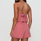 Women Vintage Two Piece Shorts Set Plaid V-neck Backless Camisole with Elastic Waist Shorts Summer Beach Holiday Outfit