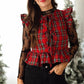 Christmas Party Red Tartan Quilted Vest Women Ruffle Flutter Sleeveless Back Tie Peplum Crop Gilet Holiday Waistcoat